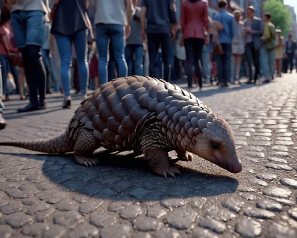 Low-angle shot of a pangolin on cobblestone street