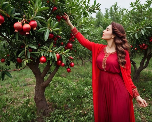 Woman in Red Gown Reaching for Pomegranates in Orchard
