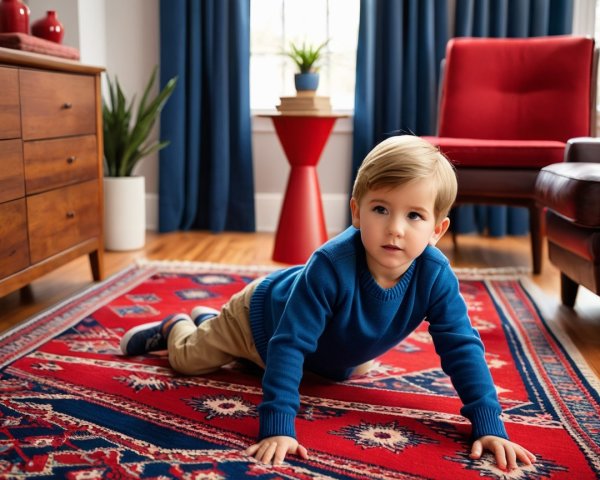 Young Boy Crawling on Red Rug in Cozy Living Room