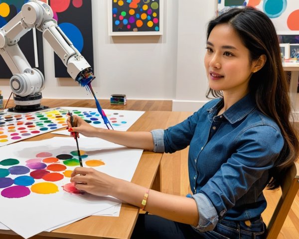 Woman Painting with Robotic Arm Assistance at Table