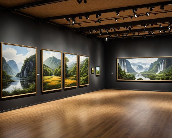 Modern Art Gallery with Large Landscape Paintings