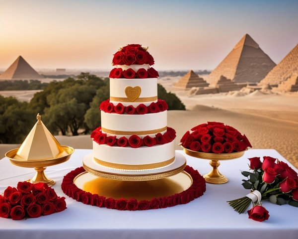 Elegant wedding cake with red roses at sunset pyramids