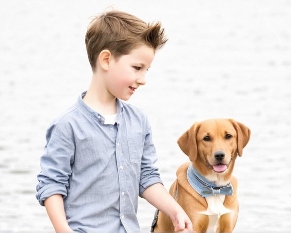 Boy with spiky hair and dog by calm water