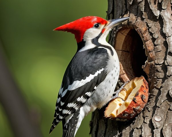 Woodpecker with Red Crest foraging on Tree Trunk