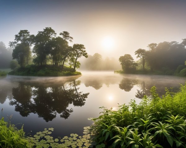 Serene Dawn Landscape with Mist-Covered Lake