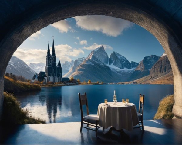Tranquil Lake and Mountain View with Romantic Dining Setup