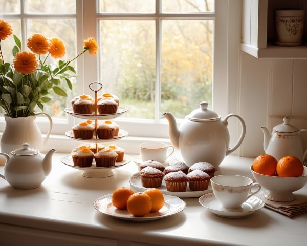 Cozy Kitchen Scene with Cupcakes and Fresh Flowers