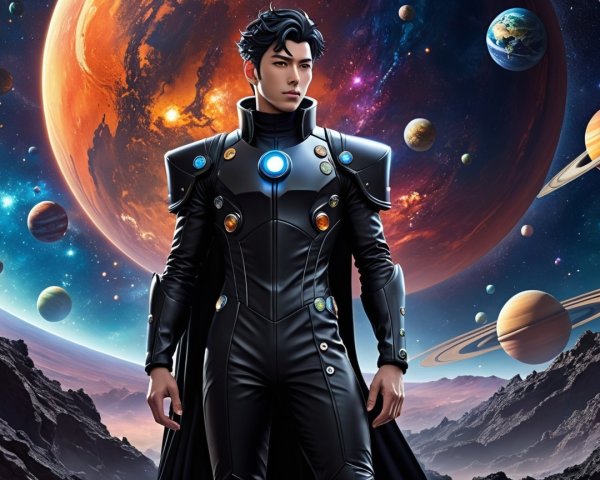 Futuristic figure in high-tech suit against cosmic backdrop