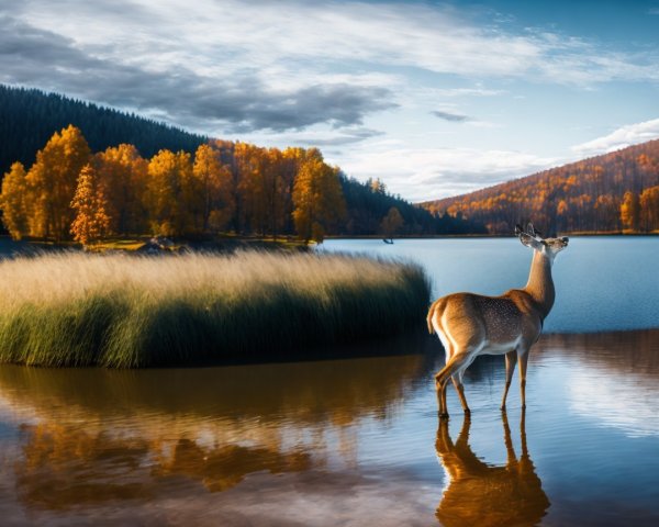Young Deer in Autumn Lake with Reeds and Forest Background