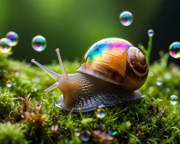 Colorful Snail on Vibrant Green Moss with Water Droplets