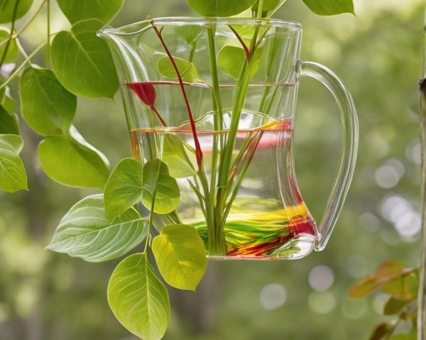 Transparent pitcher with vibrant stems in greenery