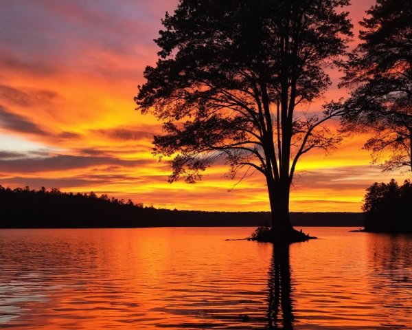 Lakeside Sunset with Vibrant Colors and Silhouetted Tree