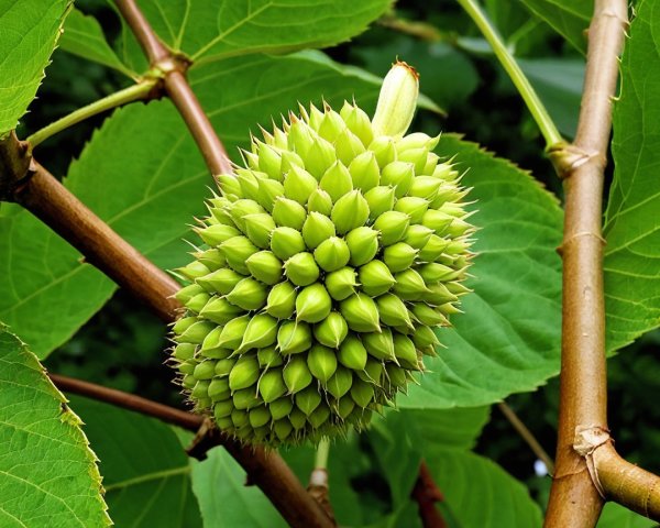 Spiky Green Fruit on Branch Surrounded by Leaves