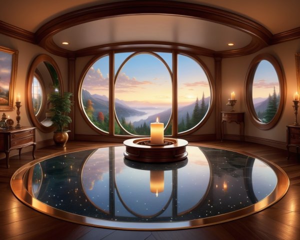 Serene room with mountain views and warm lighting