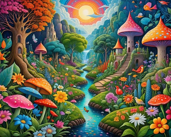 Vibrant Fairy Garden with Turquoise River and Flora