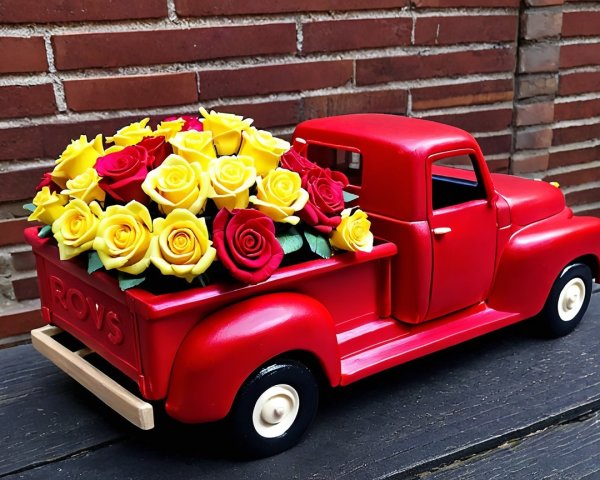 Vibrant Red Toy Truck with Colorful Flower Bouquet