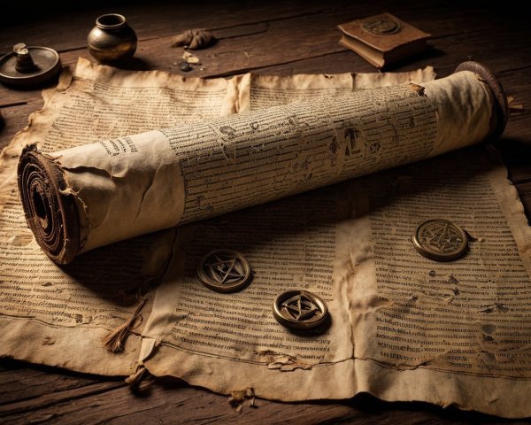 Aged Scroll and Occult Items on Dark Wooden Table