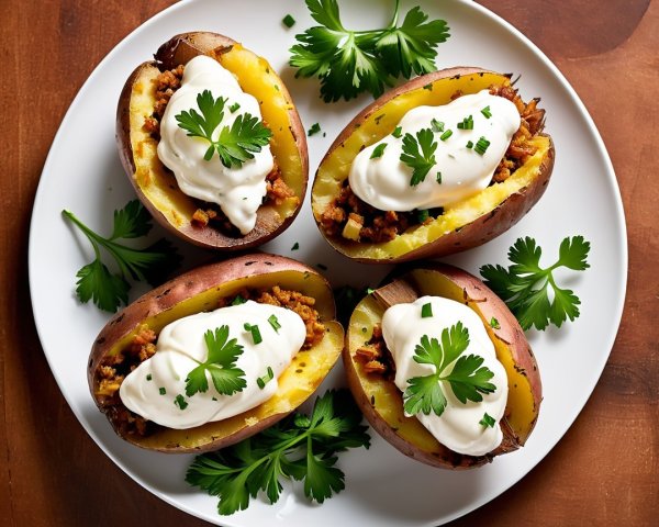 Baked Sweet Potatoes with Savory Meat Filling and Sour Cream
