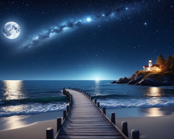 Serene Night Scene with Pier, Lighthouse, and Stars