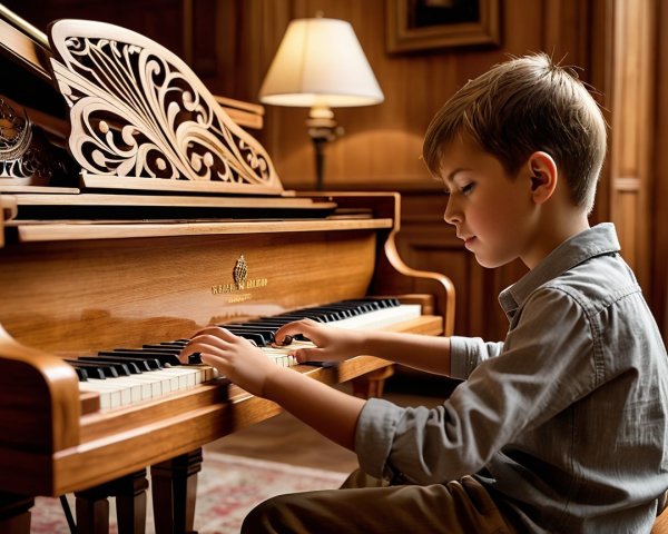 Young Boy Playing Piano in Soft Evening Light