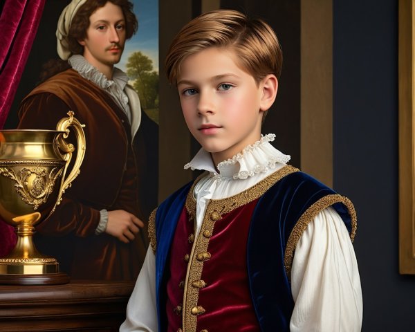 Portrait of a boy in vintage attire with an old painting