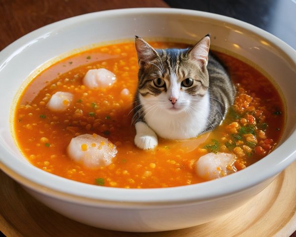 Tabby Cat Nestled in Bowl of Colorful Soup