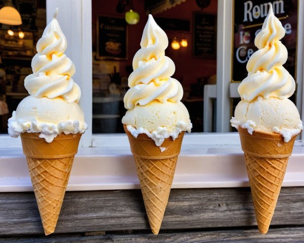 Three Ice Cream Cones with Soft Serve and Whipped Cream