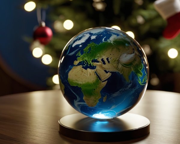 Illuminated Globe on Table with Christmas Tree Background