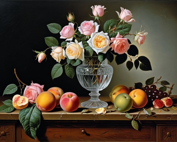 Dark Baroque Still Life with Roses and Fruits