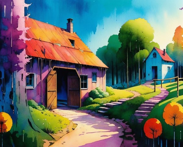 Whimsical Landscape with Charming Cottage and Trees