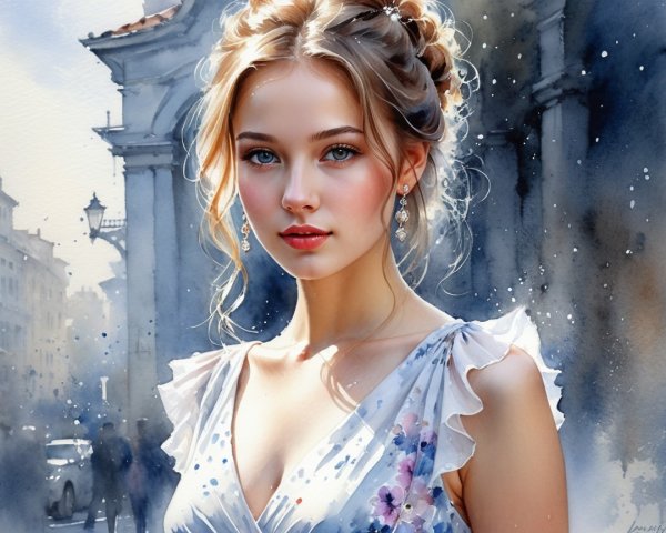 Young woman in floral dress with urban backdrop