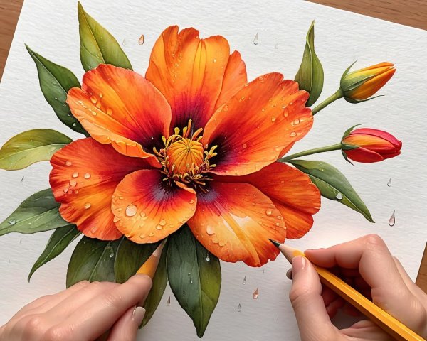 Vibrant orange flower illustration with green leaves