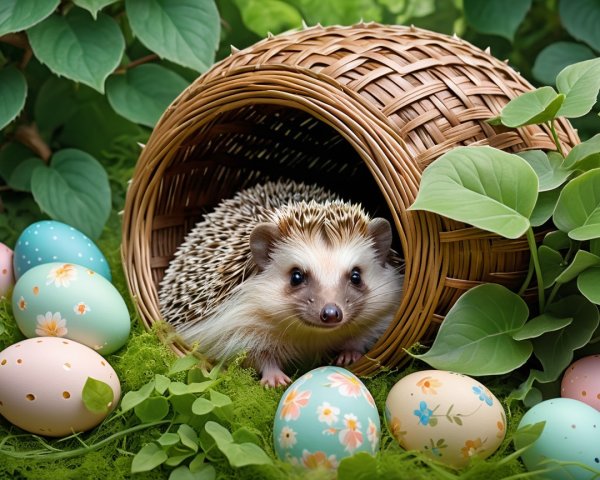 Hedgehog in a Basket Surrounded by Colorful Easter Eggs