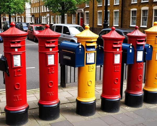 Vibrantly Colored Cylindrical Post Boxes on Street