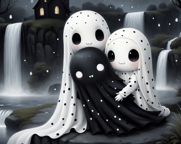 Whimsical Landscape with Playful Ghosts and Waterfalls
