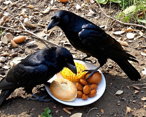 Crows Inspect Food on a White Plate in Nature