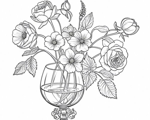 Detailed Black-and-White Flower Illustration in Vase