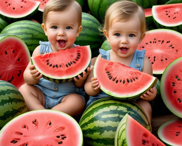 Twin Baby Girls Enjoying Watermelon on a Wooden Surface