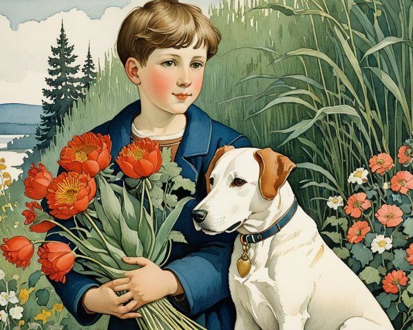 Young boy with flowers and dog in serene landscape