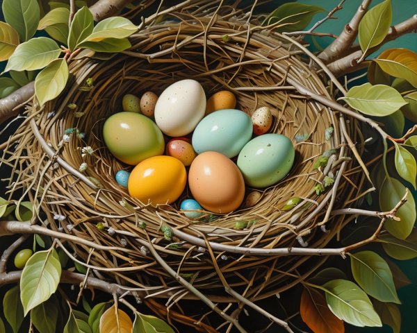 Bird's Nest with Colorful Eggs in Overhead View