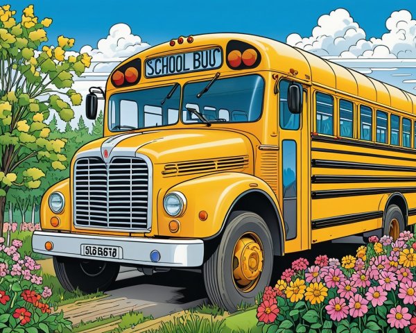 Vibrant Yellow School Bus Surrounded by Flowers and Trees