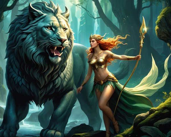 Blue Lion and Warrior Woman in Mystical Forest