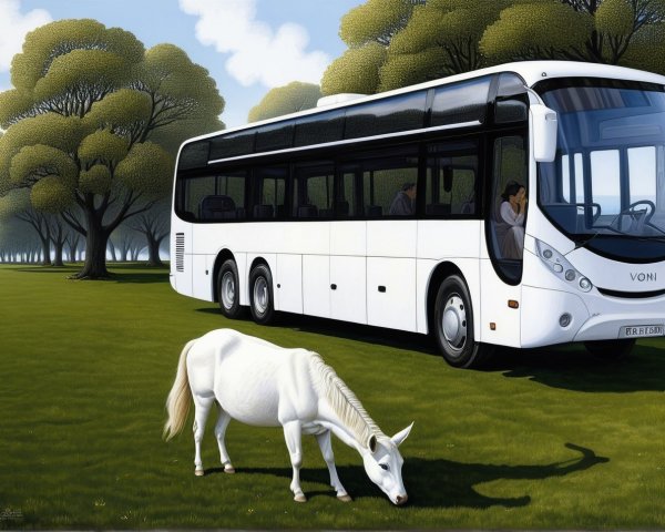 Tourist Bus Parked on Green Lawn with Grazing Horse
