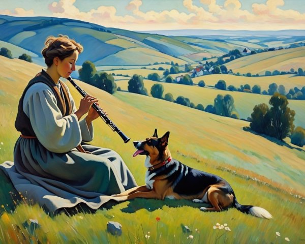 Cézanne-style painting of a woman playing oboe outdoors