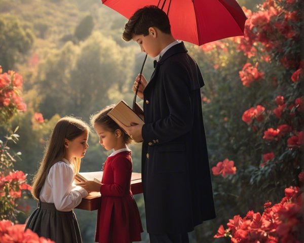 Boy Reading Under Trees with Girls and Red Umbrella