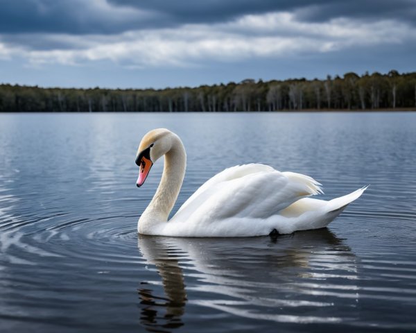 White Swan on Dark Blue Lake with Tree Line Background