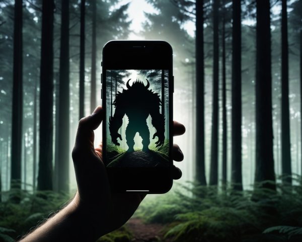 Smartphone Displaying Monstrous Creature in Dark Forest