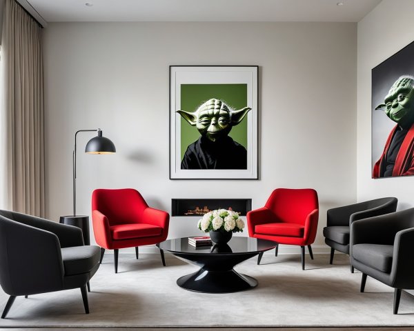 Modern Living Room with Black Coffee Table and Colorful Chairs