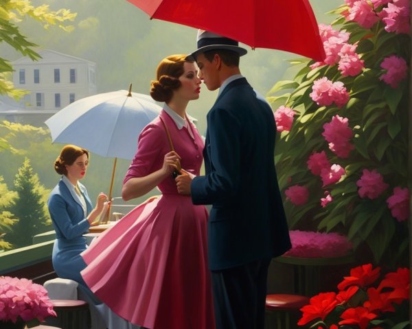 Romantic Oil Painting of Couple Under Red Umbrella