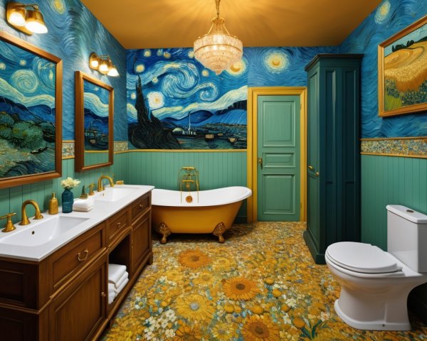 Van Gogh-Inspired Bathroom with Sunflower and Starry Themes